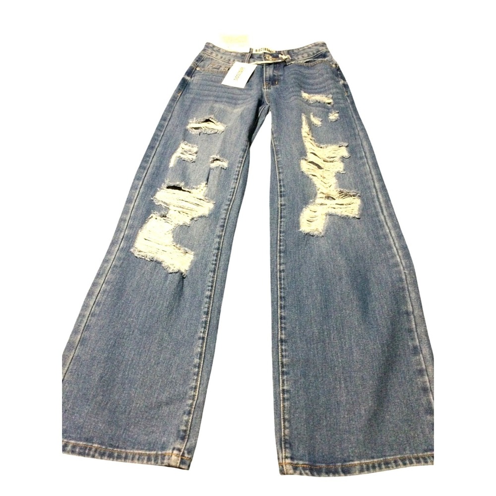 Disclosure Low Rise Wide Leg Distressed Jeans NYC Leopard Patch Blue 00/23